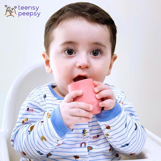 2 Pack Tiny Cup for 4+ Months | Silicone Baby Cups 6-12 Months, Infant Training Open Cup for Baby Led Weaning Supplies, 2oz (Pink Porcelain)
