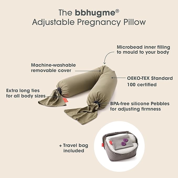 bbhugme Adjustable Pregnancy Pillow – Full Body Support for Side Sleeping - Adjustable Firmness and Shape - Supports Back, Legs, Belly, HIPS for Pregnant Women - Removable Cover - Dusty Olive
