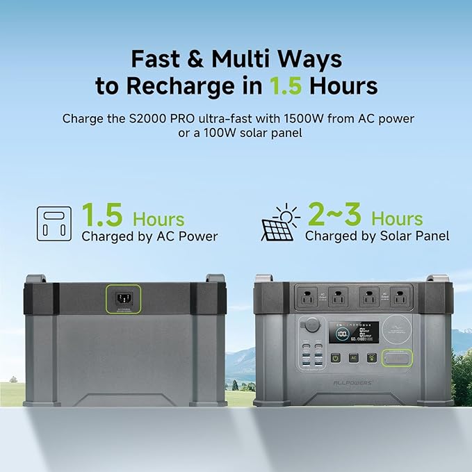 2000w Portable Power Station, 1500Wh MPPT Battery Backup, S2000 Solar Generator with 4 AC Outlets(Peak 4000w), Solar Power Bank for 11 Devices, for Home Use, Outdoor Camping, Traveling, RVs