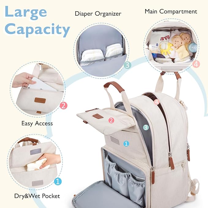 mommore Diaper Bag Backpack, Large Diaper Bag Expandable for 2 Kids/Twins, Durable Baby Bag with Changing Pad, Water Resistant Travel Diaper Backpack for Mom Dad