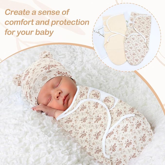 Cinaci 2 Pack Adjustable Soft Cotton Blend Newborn Baby Receiving Swaddle Blankets Sleep Sacks with Nursery Hats Caps Beanies Bonnets for Baby Girls Boys Newborns Infants
