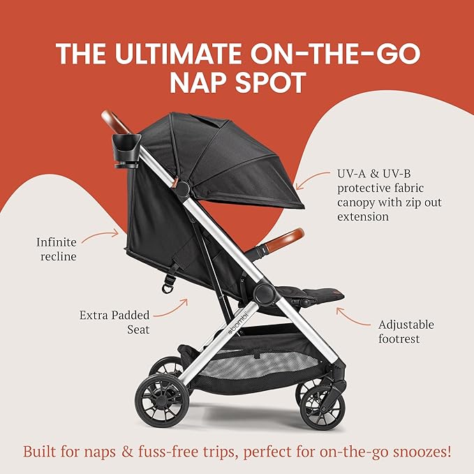 Bombi Bēbee V2 Lightweight Baby Stroller - Premium Vegan Leather, One-Hand Fold, Infinite Recline, Aircraft-Grade Aluminum Frame, XXL Canopy, and Ample Storage Umbrella Stroller - Hickory