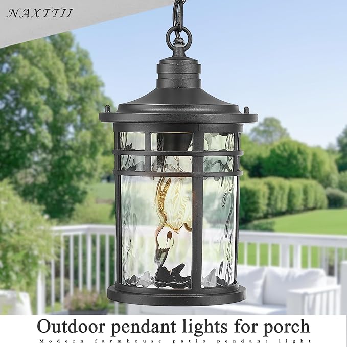 Large Hanging Porch Light 12.4 Inch Dusk to Dawn Outdoor Pendant Light with Water Ripple Glass Waterproof Outdoor Hanging Lantern Light with Adjustable Chain E26 Socket