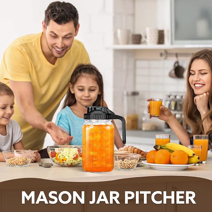 Glass Pitcher with Lid, 64 OZ Mason Jar Pitcher Double Leak Proof, 2 Quart Breast Milk Storage Containers for Fridge, Wide Mouth Glass Jar for Sun Tea, Juice, Cold Brew Coffee