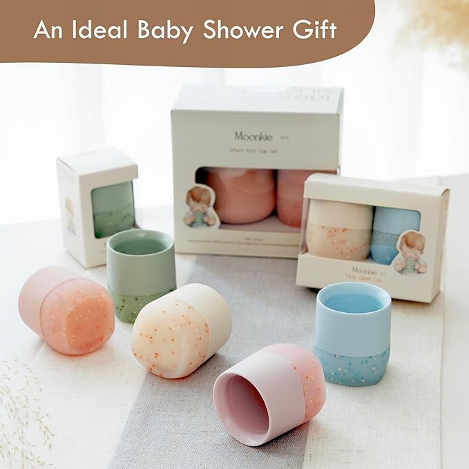 Moonkie Silicone Baby Cups 4 Months+ | Tiny Open Training Cups for Infants with Confetti Sprinkles | Baby-Led Weaning Essential | 2 oz (Blush/Soft Lilac, 2 Pack)
