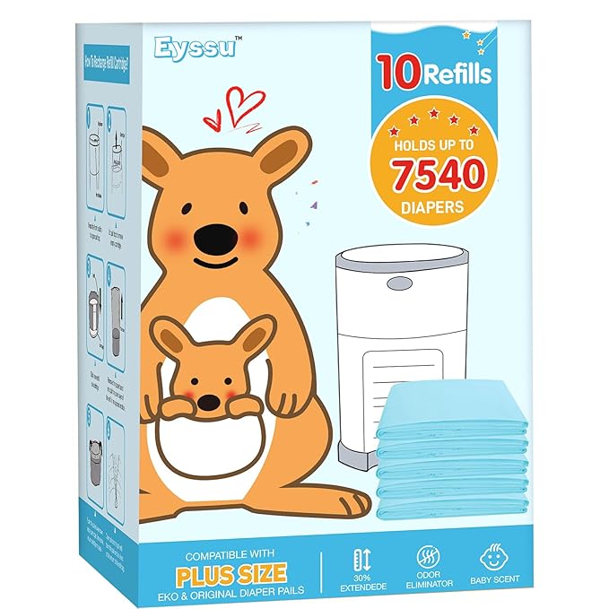 10 Pack Diaper Pail Refill Bags Compatible with Dekor Plus Diaper Pail, 40% Extra Length Refills Holds up to 7540 Diapers, Thickened Multi-layer Odor Control (Baby Scent)