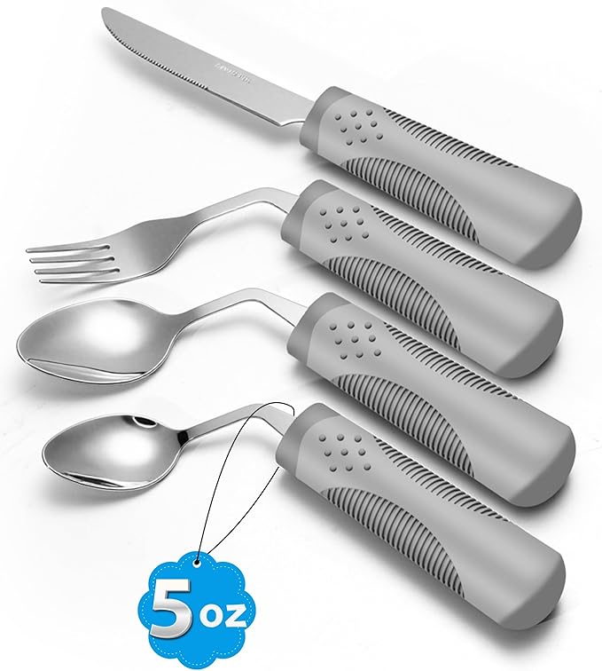Adaptive Utensils (4-Piece Set) Weighted 5 oz - 42° Angled Utensils for Parkinson's Patients, Hand Tremors, Arthritis & Elderly - Eating Utensils for Elderly (Grey: Right Handed)