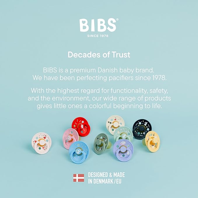 BIBS Colour Moomins Pacifier 2-Pack, BPA Free Pacifier, Round Nipple. Natural Rubber Latex, Made in Denmark, Size 1 (0-6 Months), Candy Apple/Petal