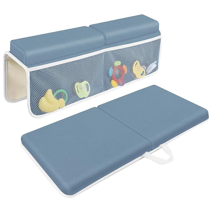 JJGoo Bath Kneeler with Elbow Rest Pad Set, 1.5 inch Kneeling Pad Mat for Bathtub Baby Bathing Parents, Painless Foam Mat with Toy Organizer Pockets, Non-Slip for Baby and Toddler Bathing