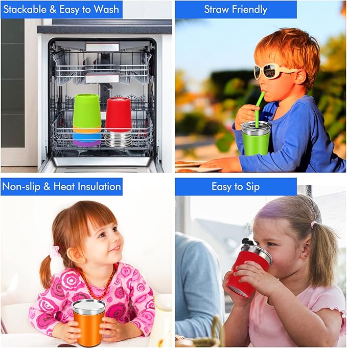 Kids Cups with Lids and Straws, 12oz Toddler Tumblers with Straws and Lids Spill Proof Cup for Kids Stainless Steel Sippy Cups for School, Outdoor, 6 Pack