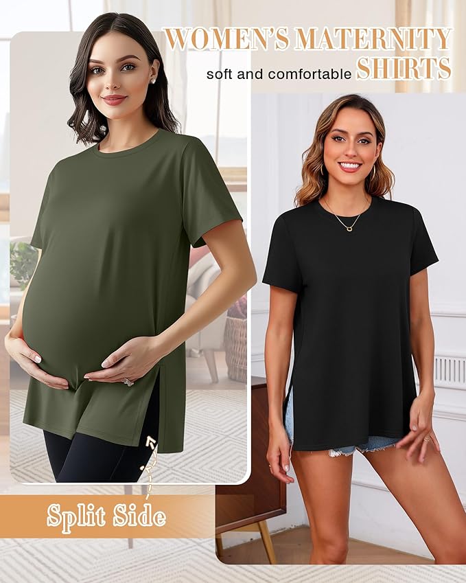 Ficerd 3 Pack Women's Maternity T Shirts, Short Sleeve Side Split Pregnancy Tops Casual Crew Neck Pregnant Tees Mama Clothes