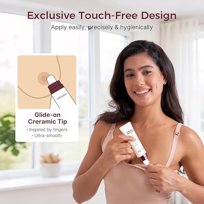 Momcozy ComfortNip™ Cooling Comfort & Touch Free Nipple Cream, Nipple Cream for Breastfeeding, Instant Relief, Plant-Based Formula, Newborn Essentials with Cooling Ceramic Applicator, 1.76oz