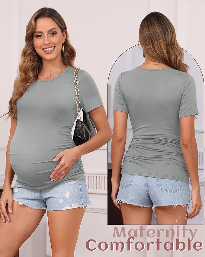 Huukeay 4 Pack Women's Maternity Shirts, Crew Neck Maternity Top Short Sleeve Casual Cotton Tee Side Ruched Pregnancy Clothes