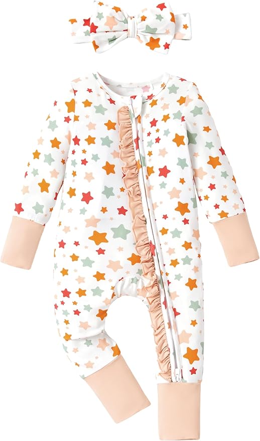 PATPAT Baby Girl Boy Clothes Newborn Infant Footie – Soft Viscose from Bamboo– 2-Way Zipper, Fold-Over Mitten, Ruffle Trim