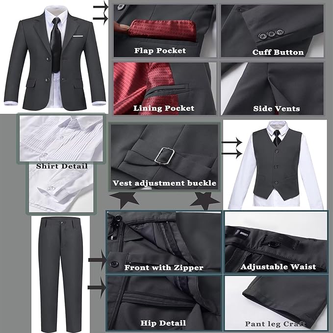 Boys Suit Set Slim Fit Kids Formal Suits Toddler Tuxedo Wedding Prom Classic Suits for Boy Teen Black Blue Dress Outfit