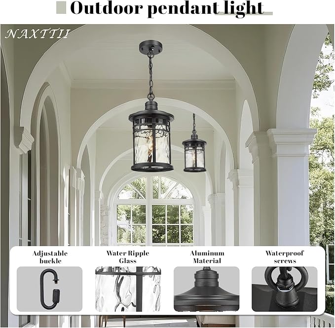 Large Hanging Porch Light 12.4 Inch Dusk to Dawn Outdoor Pendant Light with Water Ripple Glass Waterproof Outdoor Hanging Lantern Light with Adjustable Chain E26 Socket