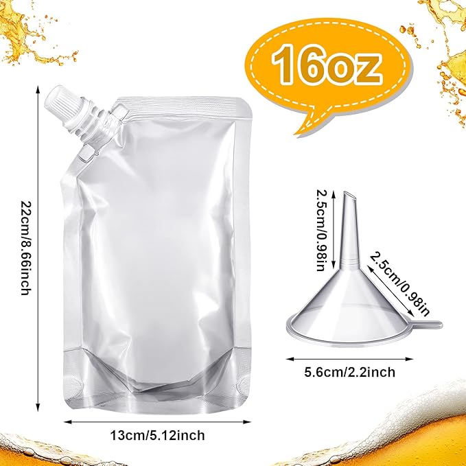 Meanplan 100 Pcs Plastic Pouches Bulk Reusable Squeeze Pouches Clear Plastic Juice Leak Proof Bags with Funnel for Party Favors Supplies(16 oz,Inclined Mouth)