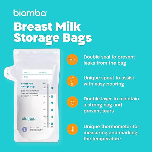 50-Piece Milk Storage Bags Breastmilk by Biamba - Breastmilk Storage Bag Freezer BPA-Free, Double Seal Leak-Resistant, Temperature Indicator, Easy Pour Spout, Pre-Sterilized, 200ml / 6.7 Fl.oz Per Bag
