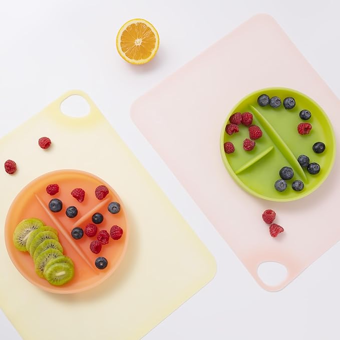 Olababy Fold N Go Silicone Placemat w Travel Case | Dishwasher Safe, BPA Free, Non-Slip, Waterproof | Mini Dining Mat for Infants, Babies, Toddlers and Kids (2, Lemon/Coral)