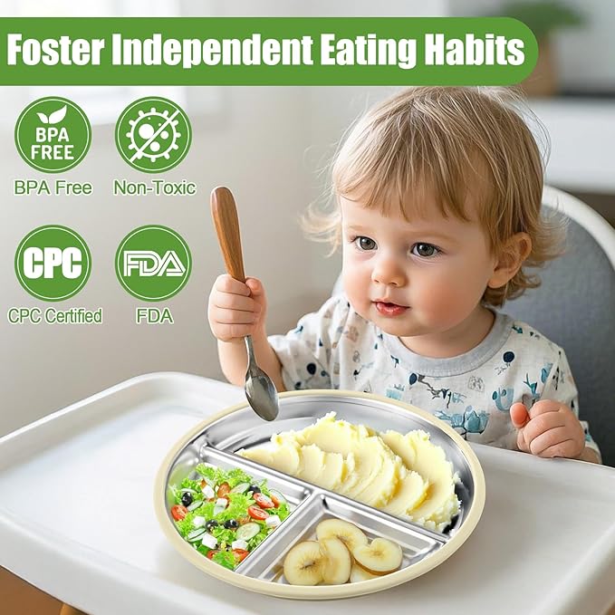 BUSOHA 3 Pack Stainless Steel Kids Plate with Suction - 8.1” Divided Toddler Baby Plates with Silicone Sleeves Non-Slip 2-in-1 Anti Breakage Metal Toddler Bowls Microwave Dishwasher Safe