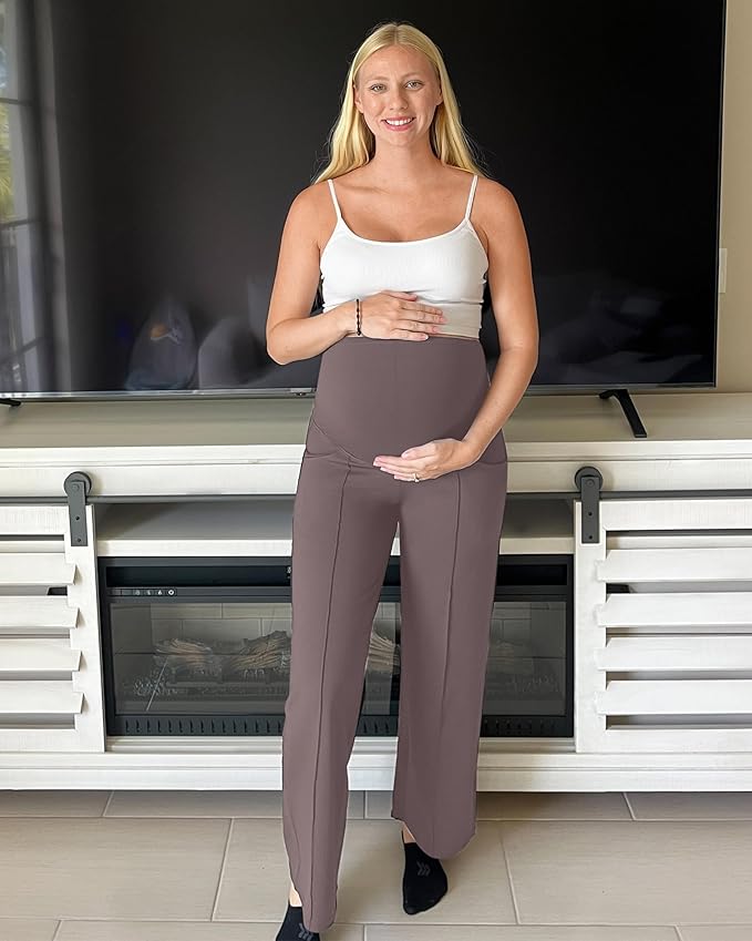 G4Free Maternity Dress Yoga Pants with Pockets Over The Belly Stretchy Work Slack Pregnancy Wide Leg Lounge Trousers