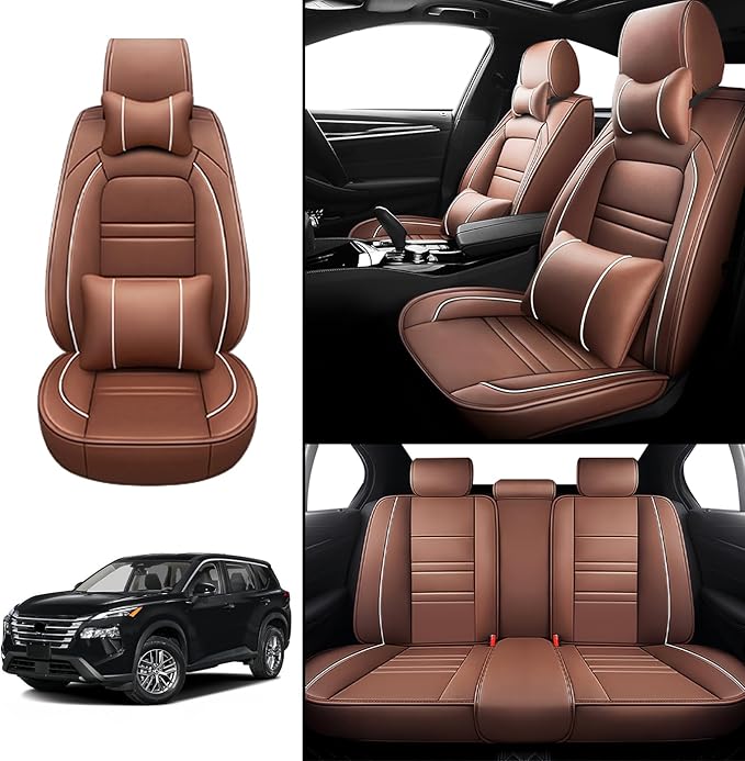 Car Seat Covers for Nissan Car Rogue 2008-2025 | 5-Seats Seat Covers, Waterproof Seat Protectors, Automotive Seat Covers (Full Set with Pillow,Coffee)