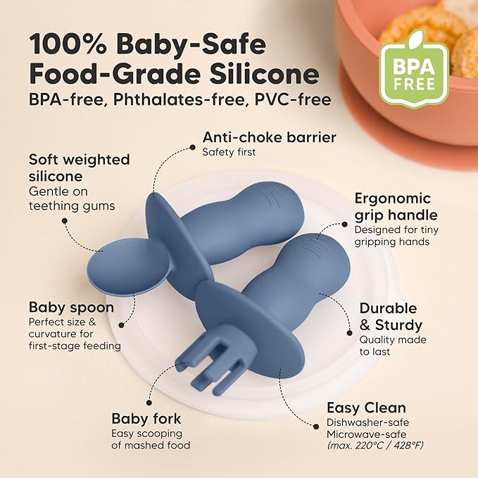 KeaBabies 4-Pack Silicone Baby Spoons and Forks Set - Baby Led Weaning Utensils 6-12 Months, Self Feeding Toddler Spoon & Fork for Training, Teething, Easy to Hold, BPA-Free Silicone (Slate)
