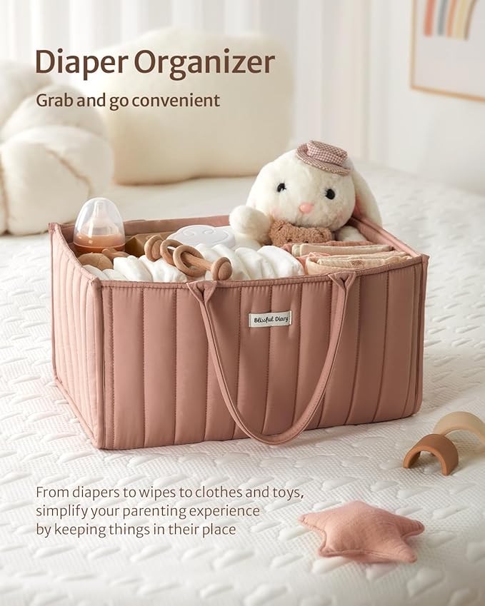 Blissful Diary Baby Diaper Caddy Organizer, Stylish Storage Basket for Newborn Essentials and Diaper Station, Gift for Baby Shower and Registry Must-Have, Blush Pink