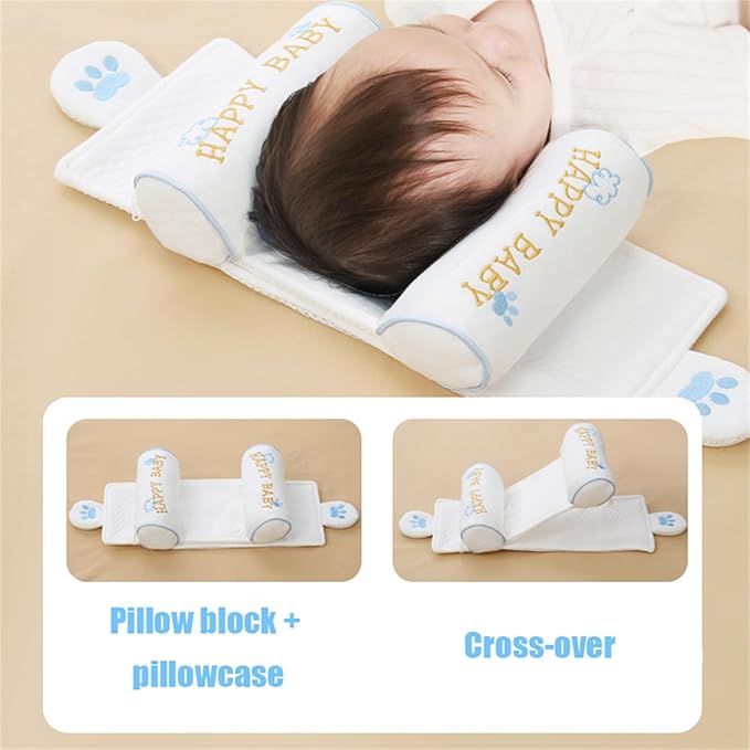 Kariney Baby Pillow, Compariston All-Season Breathable Pillow for Baby Development, Organic Cotton Adjustable Infant Head Cushion (Blue,Cute)
