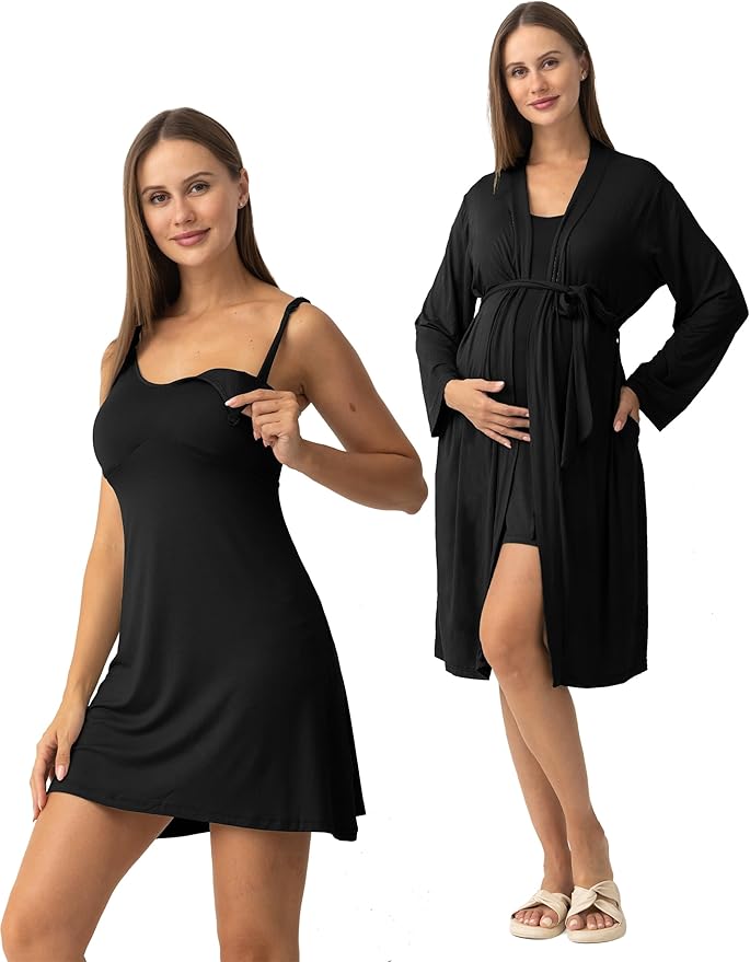 SUNNYBUY Women's Nursing Nightgown Maternity Robe Set, 3 in 1 Labor Delivery Breastfeeding Dress Postpartum Sleepwear