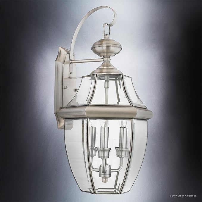 Urban Ambiance Luxury Colonial Outdoor Wall Light, Large Size: 22.5" H x 12.25" W, with Tudor Style Elements, Versatile Design, Classy Aged Silver Finish and Beveled Glass, UQL1147