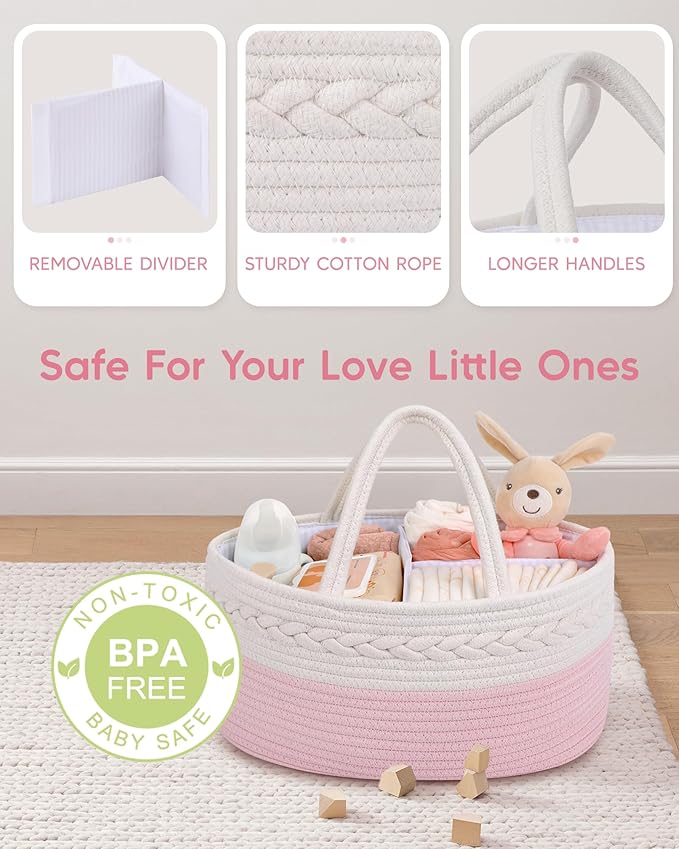 Maliton Diaper Caddy for Baby Girl-Cotton Rope Diaper Caddy, Diaper Organizer for Changing Table, Portable Baby Basket for Storage Baby Stuff, Newborn Registry Must Have Items