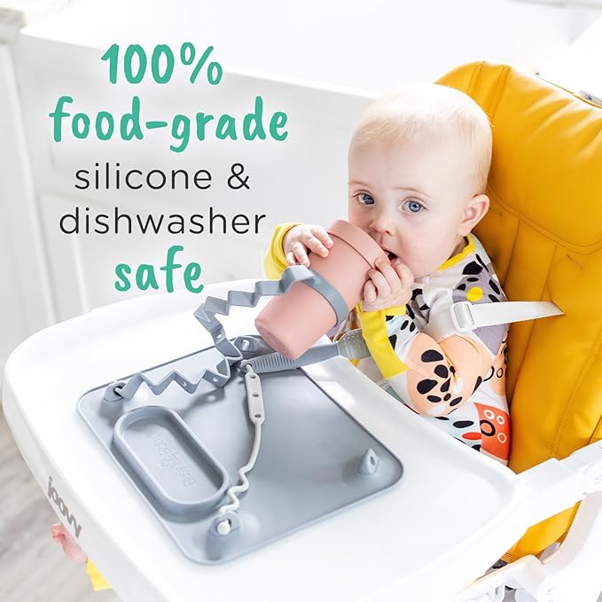 BUSY BABY Silicone Mat - New and Improved Suction Cups, 4 Straps to Secure Baby Essentials, Self Feeding, Baby Led Weaning, Travel Sleeve Included (Pewter)