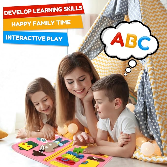 Qizfun Busy Board Montessori Toy for Toddlers, Educational Sensory Learning Toy for Fine Motor Skills, Preschool Travel Toy for Airplane & Car, Gifts for Boys and Girls