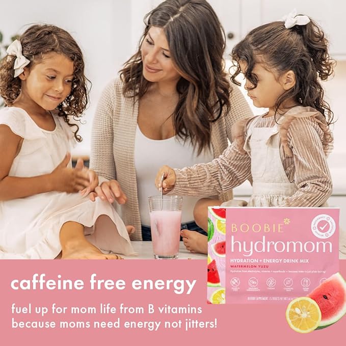 Boobie Hydromom Superfood Electrolyte Drink Mix, Watermelon Yuzu | Refreshing Energy & Hydration Boost for Mamas | On-The-Go & Travel Essentials for Pregnancy, Lactation, & Beyond, 15 Packets
