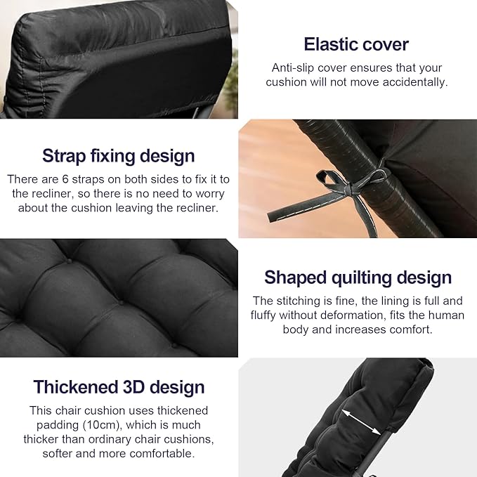 Extra Wide 69x19 Inch Patio Lounge Chair Cushion, Thick 4" Comfort & Non-Slip Pad with Secure Ties, Waterproof Chaise Lounge Cushion for Zero Gravity Chairs, Outdoor Indoor Furniture (Black)
