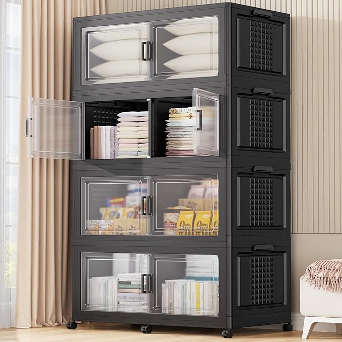 BROVIEW 800Qt Plastic Storage Bins with Lid and Wheels, 4Pack Extra Large Stackable Storage Bins with Dividers,Closet Organizers and Storage Cabinet Collapsible Box Shelves for Home Kitchen,Black