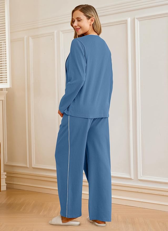 OUGES 100% Cotton Women's Maternity Nursing Pajamas Sets Button Down Breastfeeding Loungewear Top & Pants with Pockets