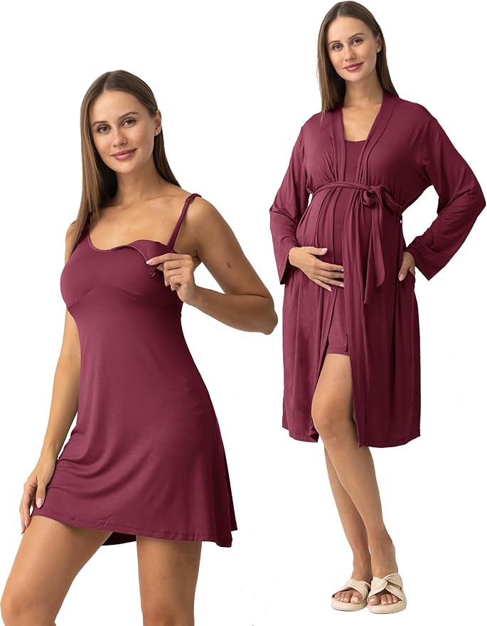 SUNNYBUY Women's Nursing Nightgown Maternity Robe Set, 3 in 1 Labor Delivery Breastfeeding Dress Postpartum Sleepwear