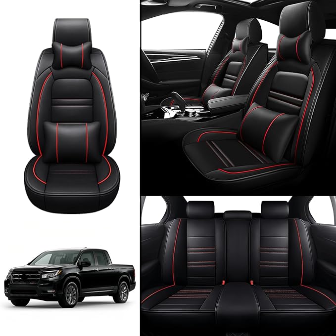Car Seat Covers for Honda Ridgeline 2006-2025 | 5-Seats Seat Covers, Waterproof Seat Protectors, Automotive Seat Covers (Full Set with Pillow,Black&Red Line)
