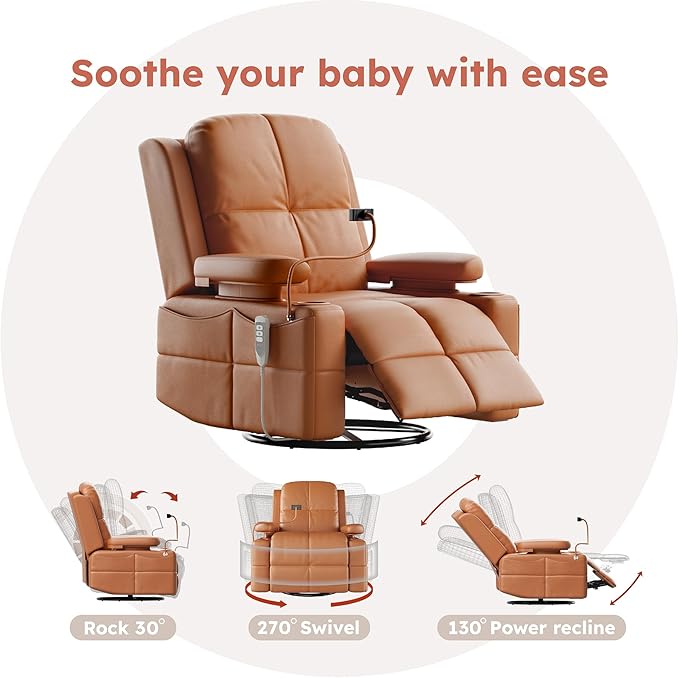 MAMAZING Oversized Rocking Chair Nursery with Adjustable Armrests, Electric Glider Recliner Nursing Chair for Breastfeeding, Power Swivel Recliner Chairs, Oeko-TEX & FSC Certified(Honey Brown)