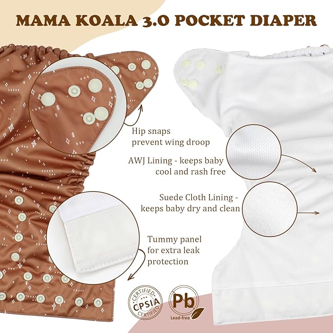 Mama Koala 3.0 Cloth Diapers for Babies with AWJ Lining, 6 Pack with 6 5-Layer Natural Cloth Diaper Inserts - Reusable and Washable Pocket Diapers(A-Flower Romance)
