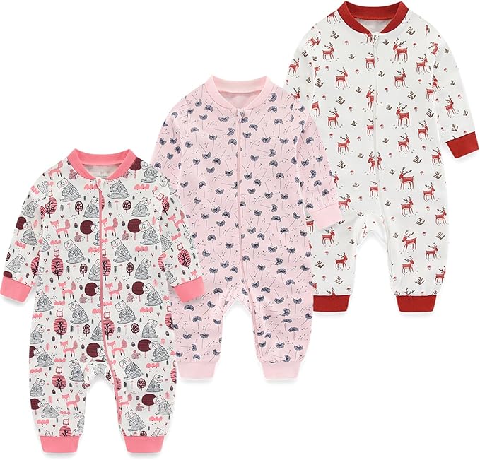 Newborn Baby 2-way Zipper Romper Cotton One-piece Jumsuit 3-pack, 0-24 Months