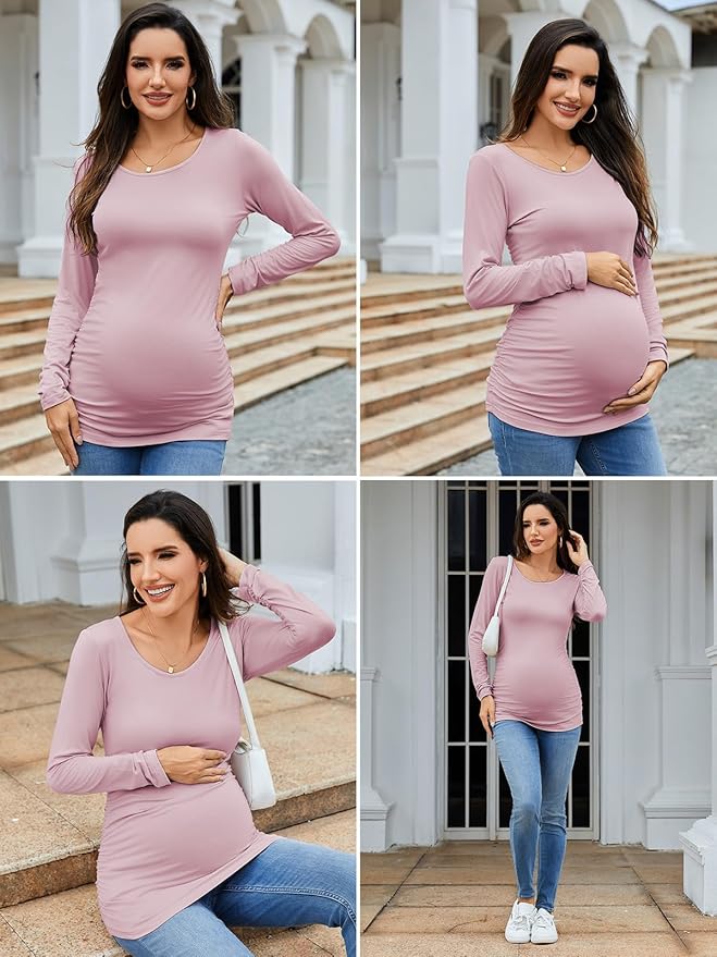 Ecavus Women's Maternity Shirts Long Sleeve Soft Stretchy Pregnancy Tops Side Ruched Casual Mama Clothes