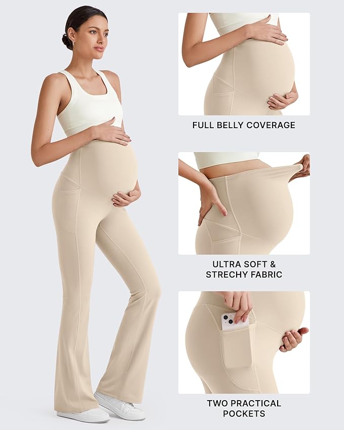 G4Free BareFeel Maternity Flare Leggings with Pockets Over The Belly Stretchy Casual Lounge Pregnancy Dress Pants for Work