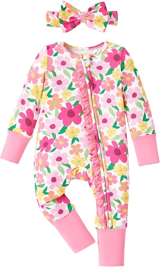 PATPAT Baby Girl Boy Clothes Newborn Infant Footie – Soft Viscose from Bamboo– 2-Way Zipper, Fold-Over Mitten, Ruffle Trim