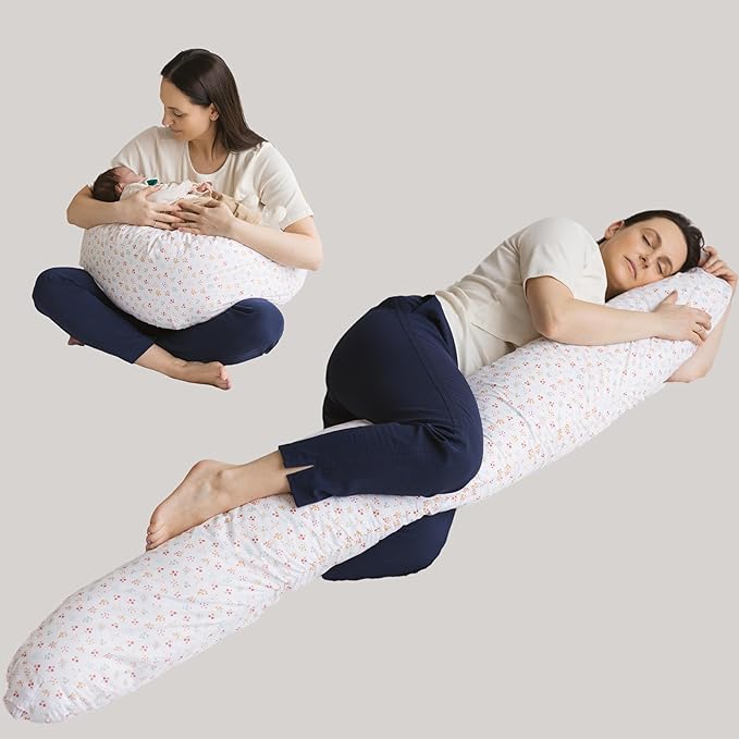 First Organic Cotton Pregnancy Pillow for Sleeping & Baby Feeding made with Natural Kapok Filling – Cooling Nursing & Comfort Pillow for Maternity Support & Side Sleepers – Removable Cover Included!