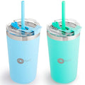 PopYum 13oz Insulated Stainless Steel Kids’ Cups with Lid and Straw, 2-Pack, Blue, Green, stackable, sippy, baby, child, toddler, tumbler, double wall, vacuum, leak proof