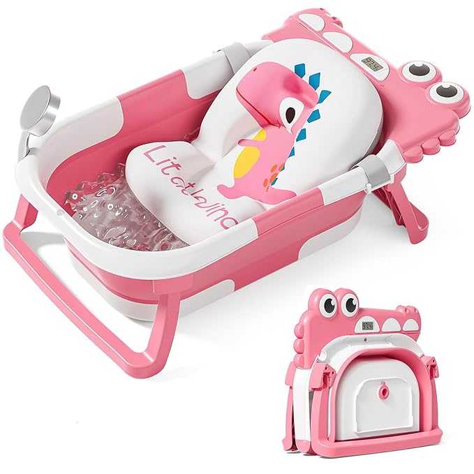 TPN Collapsible Baby Bathtub, Baby Bath Tub with Soft Cushion & Real-Time Thermometer, Baby Bathtub Infant to Toddler Tub (0-36 Months), Portable Travel Baby Tubs for Newborns (Pink)