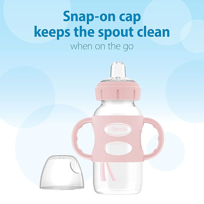 Dr. Brown's Milestones Wide-Neck Sippy Spout Bottle with 100% Silicone Handles, Easy-Grip Handles with Soft Sippy Spout, 9oz/270mL, Light-Pink, 1-Pack, 6m+